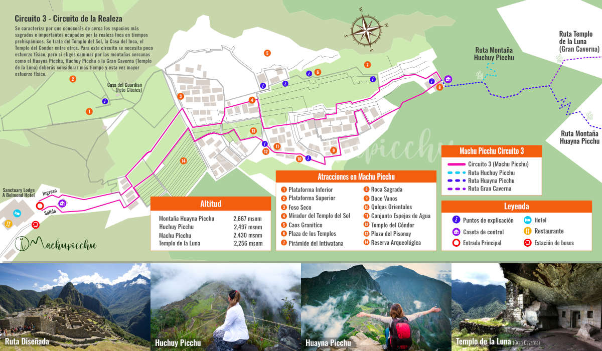 Mapa del circuito 3 (circuito de la realeza) de Machu Picchu