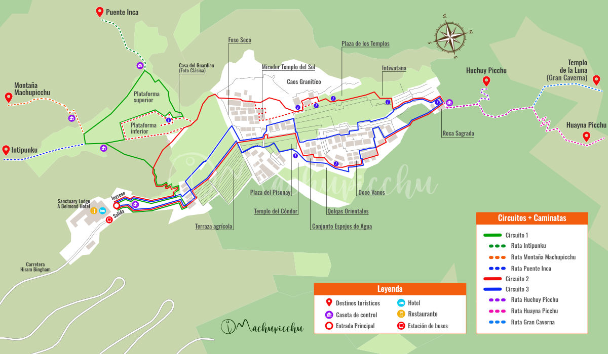 Mapa de Machu Picchu com todos os circuitos e trilhas