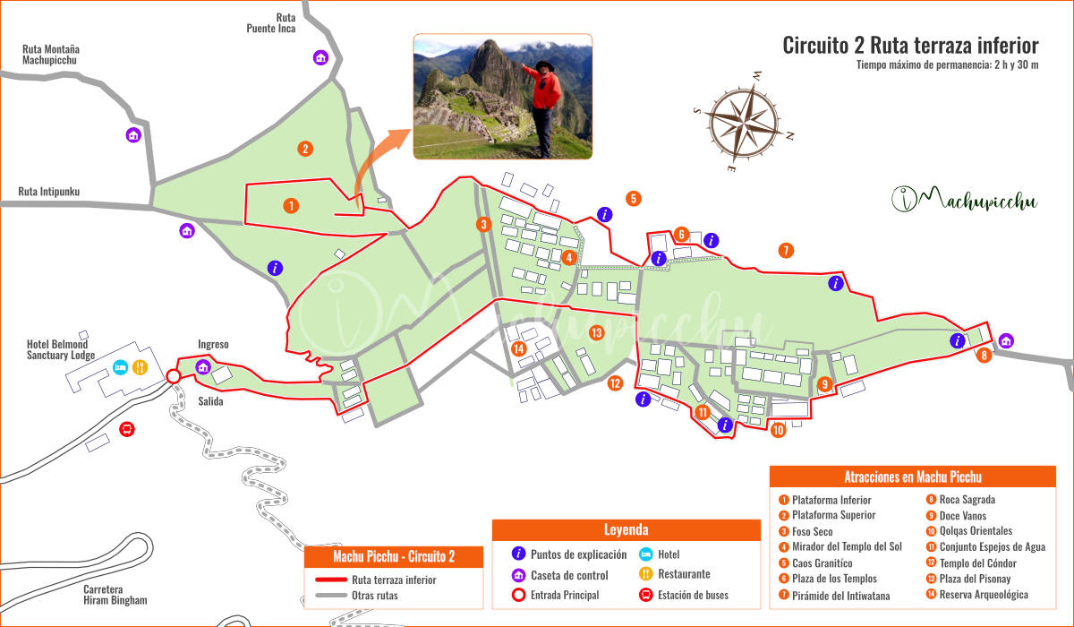 Mapa da rota ao longo do terraço inferior de Machu Picchu