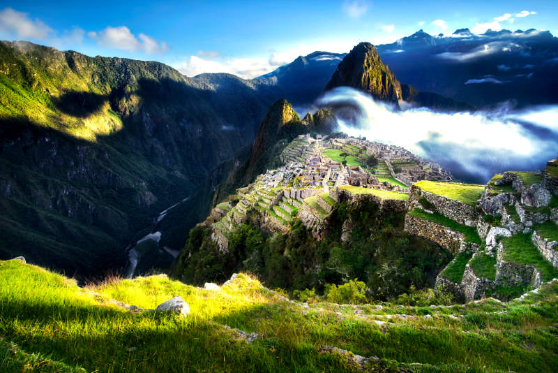 Inca citadel of Machu Picchu in foggy weather