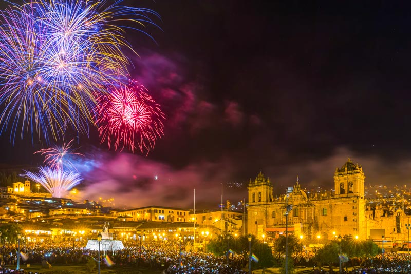 Fireworks in the Plaza de Armas in Cusco