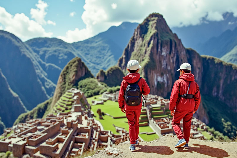 Children looking at the Inca citadel of Machu Picchu