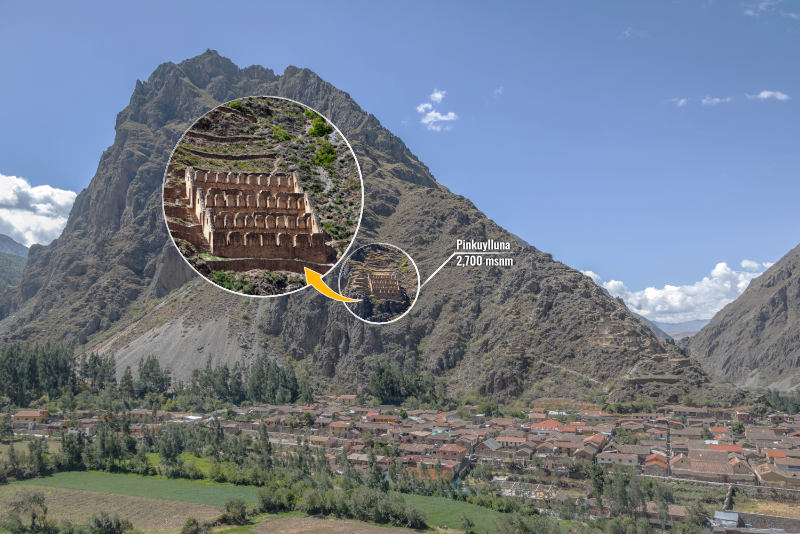 View of the Pinkuylluna Fortress from the Ollantaytambo archaeological site