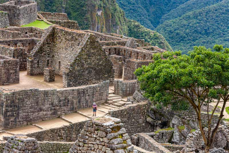 Tourist touring the buildings of Machu Picchu